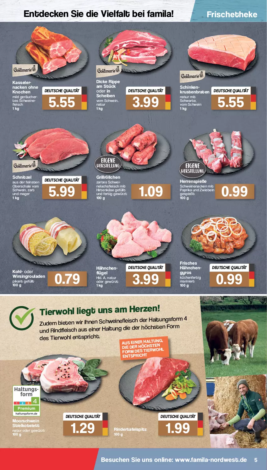 Aktueller Prospekt Famila - Prospekte - von 07.02 bis 12.02.2022 - strona 5 - produkty: braten, decke, eis, fleisch, gewürz, grill, gyros, hähnchenflügel, Hähnchengyros, hirtenkäse, Käse, kasseler, kotelett, krustenbraten, küche, Küchen, lachs, mit paprika, natur, paprika, rind, rinder, rindfleisch, rouladen, Schal, Schale, schinken, schnitzel, schwein, schweine, schweinefleisch, Schweinelachs, schweinenacken, tafelspitz, Ti, wein, weine, Wirsing, zwiebel, zwiebeln