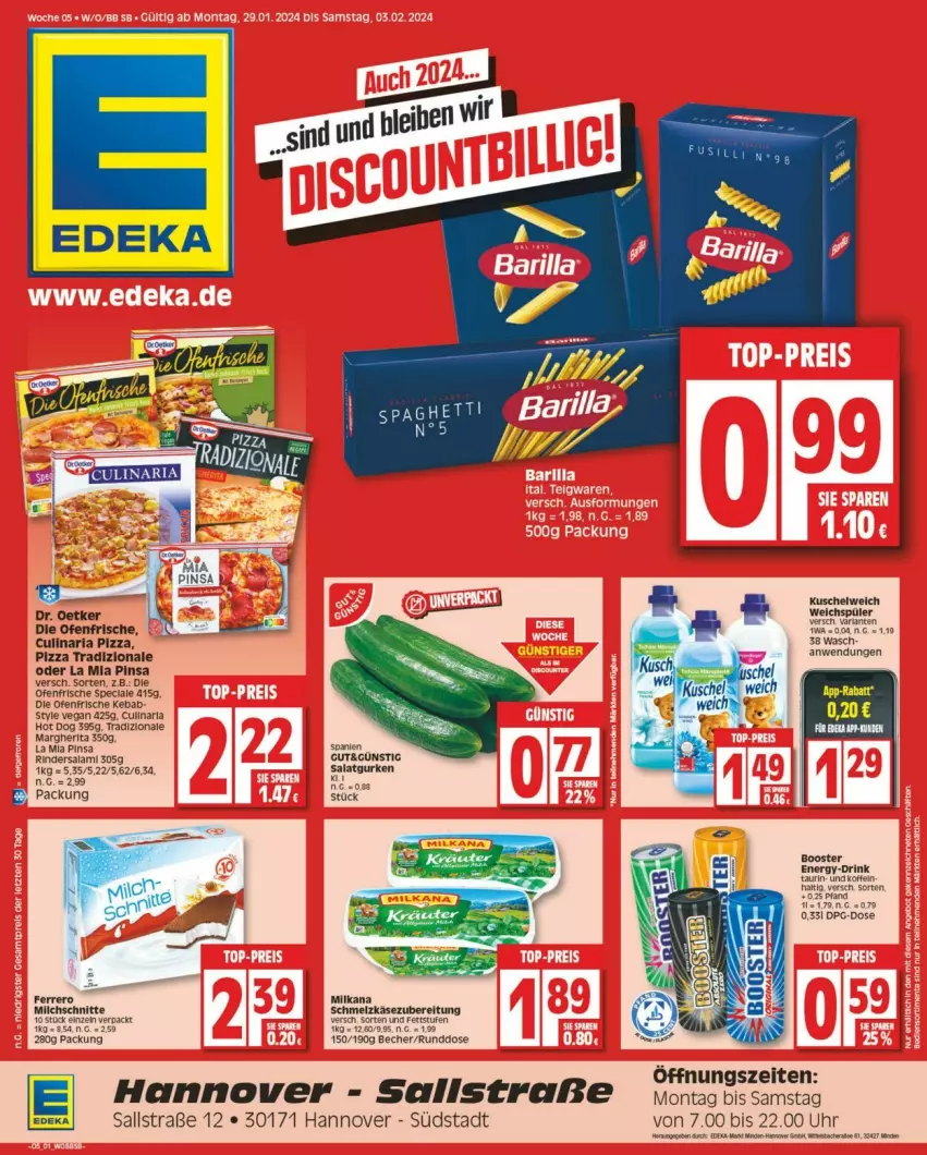 Aktueller Prospekt Edeka - Prospekte - von 27.01 bis 03.02.2024 - strona 1 - produkty: arla, die ofenfrische, Dr. Oetker, drink, gurke, gurken, hot dog, Kuschelweich, margherita, Ofen, pizza, pizza tradizionale, rind, rinder, salat, Salatgurke, salatgurken, tradizionale, uhr