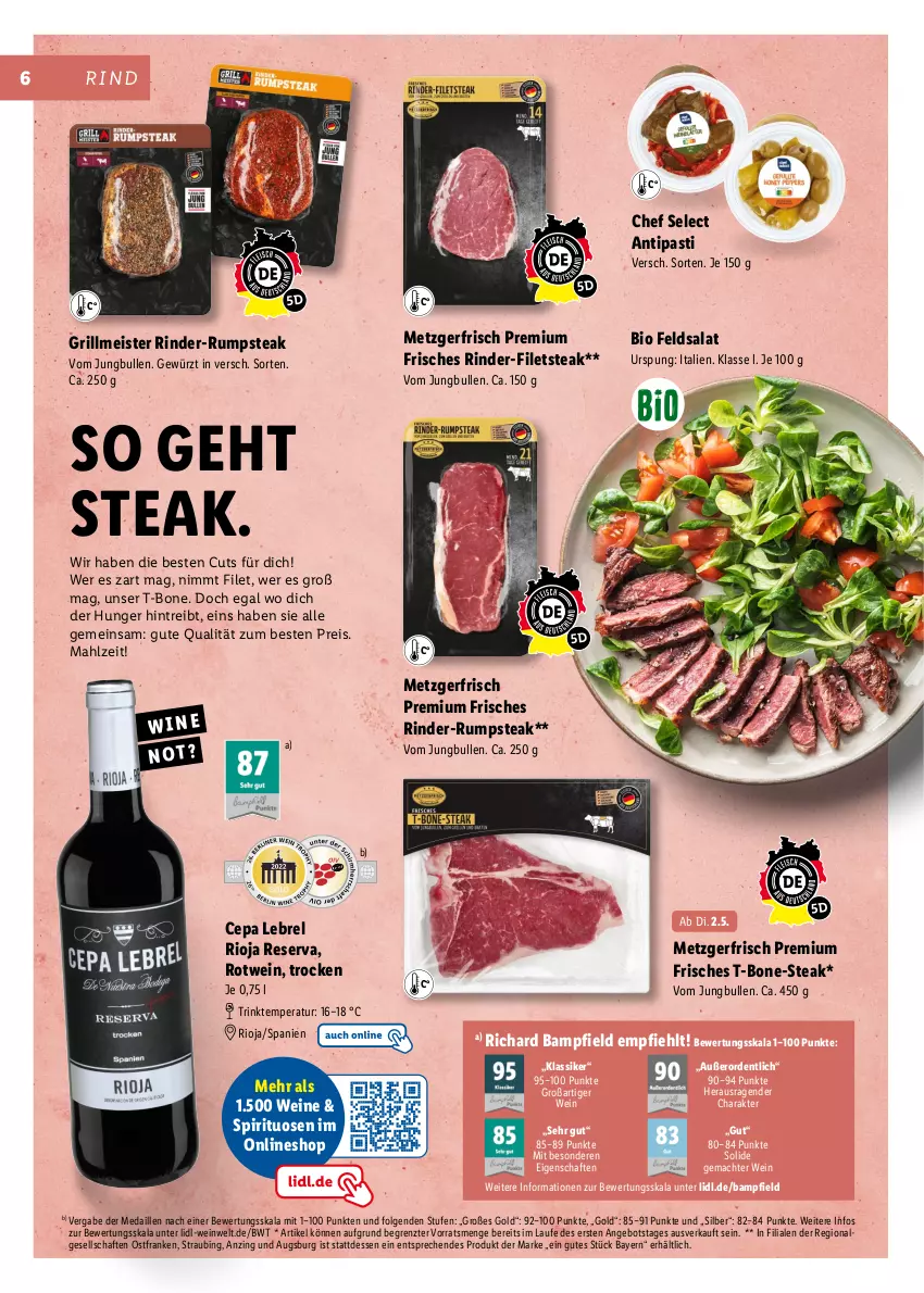 Aktueller Prospekt Lidl - Grillen - von 11.04 bis 23.09.2023 - strona 6 - produkty: angebot, antipasti, asti, bio, eis, feldsalat, filet, filets, gewürz, grill, jungbullen, LG, mac, Meister, reis, rel, rind, rinder, rinder-rumpsteak, rioja, rotwein, rum, rumpsteak, salat, spirituosen, steak, Ti, wein, weine, ZTE