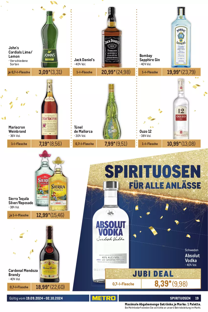 Aktueller Prospekt Metro - GastroJournal - von 19.09 bis 02.10.2024 - strona 19 - produkty: Absolut Vodka, ACC, bombay sapphire, ente, flasche, getränk, getränke, gin, jack daniel, lieferservice, mariacron, Metro, ouzo, ouzo 12, Palette, Ria, sapphire, Sierra, sierra tequila, spirituosen, tequila, Ti, vodka, wein, weinbrand