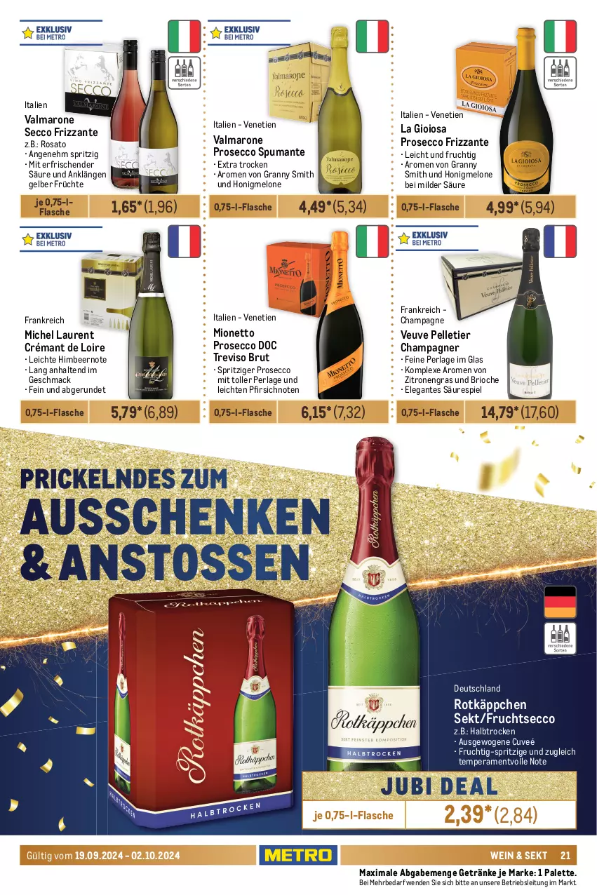 Aktueller Prospekt Metro - GastroJournal - von 19.09 bis 02.10.2024 - strona 21 - produkty: aprikose, aprikosen, auer, beere, beeren, Blaubeer, blaubeere, bree, brombeere, brombeeren, brut, burgunder, campo viejo, champagne, champagner, chardonnay, crémant de loire, dornfelder, ecco, elle, ente, ernesto, flasche, frizzante, frucht, früchte, früchten, fruchtsecco, gallo, gallo family, getränk, getränke, grauburgunder, himbeer, Holz, honig, honigmelone, kirsch, kirsche, kirschen, La Gioiosa, mab, mac, maracuja, melone, mionetto, Palette, perla, pfirsich, Pinot, pinot grigio, prosecco, puma, rioja, Rivaner, rosato, rotkäppchen, sauerkirschen, sekt, spumante, tempranillo, Ti, tisch, vanille, wein, zitrone, zitronen