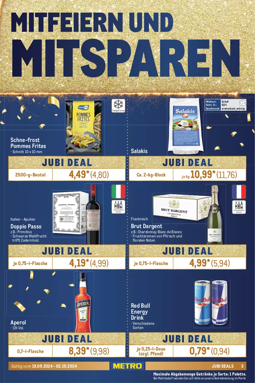 Aktueller Prospekt Metro - GastroJournal - von 19.09 bis 02.10.2024 - strona 3 - produkty: aperol, beutel, braten, brut, brut dargent, chardonnay, de blancs, doppio passo, dressing, drink, eier, energy drink, fisch, fischtheke, flasche, frucht, Gemüsezwiebel, getränk, getränke, Holz, Käse, knorr, Kühne, leberkäs, leberkäse, LG, mac, Metro, milch, Palette, passo, pfirsich, pommes, Pommes Frites, primitivo, pute, putenbrust, red bull, sac, salakis, salat, salatdressing, Schal, Schale, Ti, tisch, Wild, zwiebel, zwiebeln