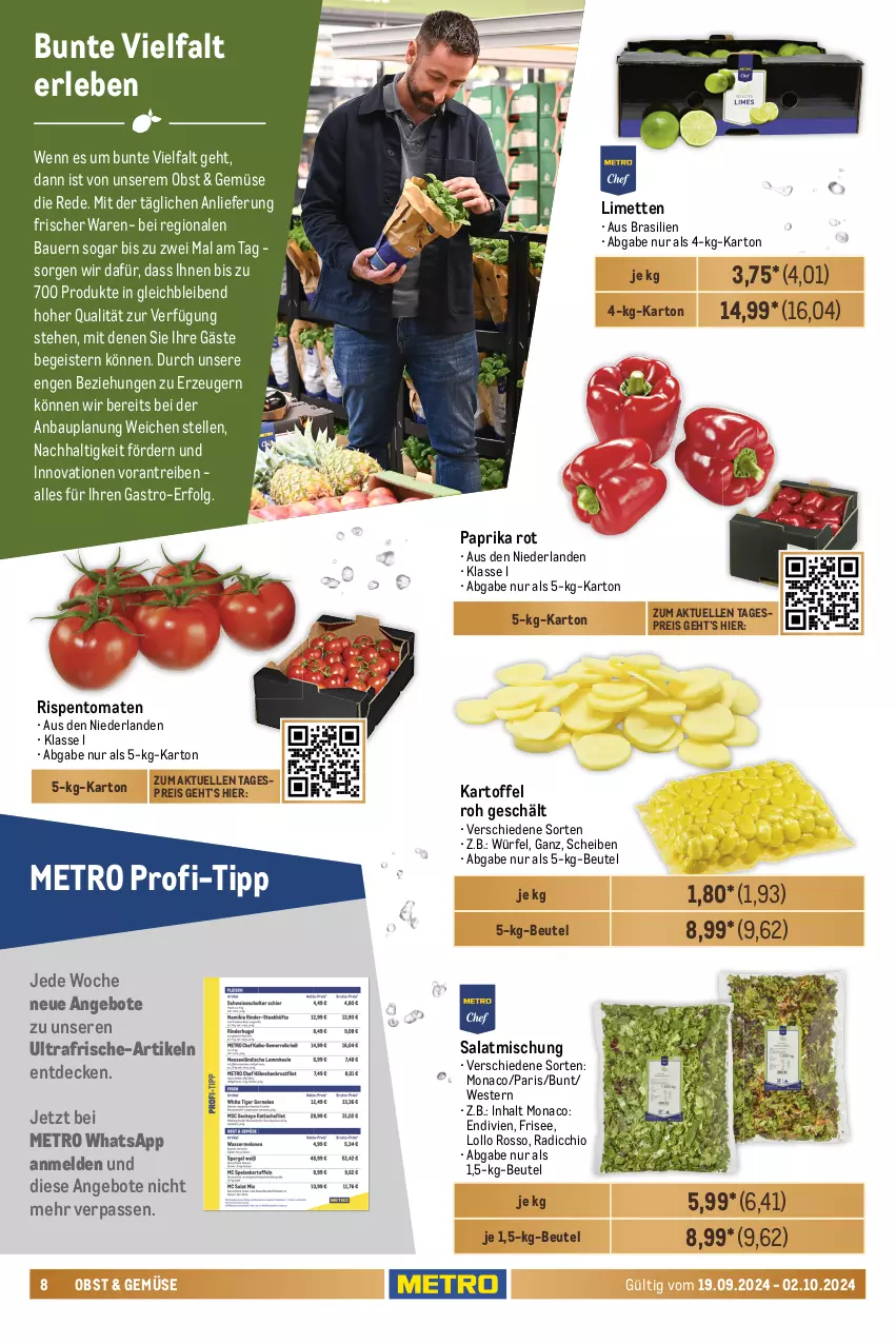 Aktueller Prospekt Metro - GastroJournal - von 19.09 bis 02.10.2024 - strona 8 - produkty: angebot, angebote, auer, Bau, Bauer, beere, beeren, beutel, brezel, brötchen, cola, decke, eier, eis, elle, erdbeere, erdbeeren, kartoffel, korn, Laugenbrezel, LG, limette, limetten, magnum, mandel, mehrkornbrötchen, Metro, Mett, metten, obst, paprika, paprika rot, pilze, Radicchio, reis, rispentomaten, salat, schoko, spinat, Steinpilze, Ti, tiefkühlkost, tomate, tomaten, Weste, würfel