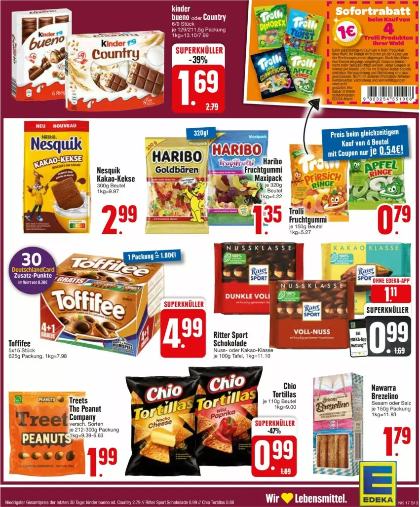 Aktueller Prospekt Edeka - Prospekte - von 22.04 bis 27.04.2024 - strona 13 - produkty: beutel, brezel, eis, frucht, fruchtgummi, kakao, keks, kekse, Kinder, kinder bueno, lebensmittel, nesquik, nuss, reis, ritter, ritter sport, salz, schoko, schokolade, sesam, Sport, Ti, toffifee, tortilla, tortillas, ZTE