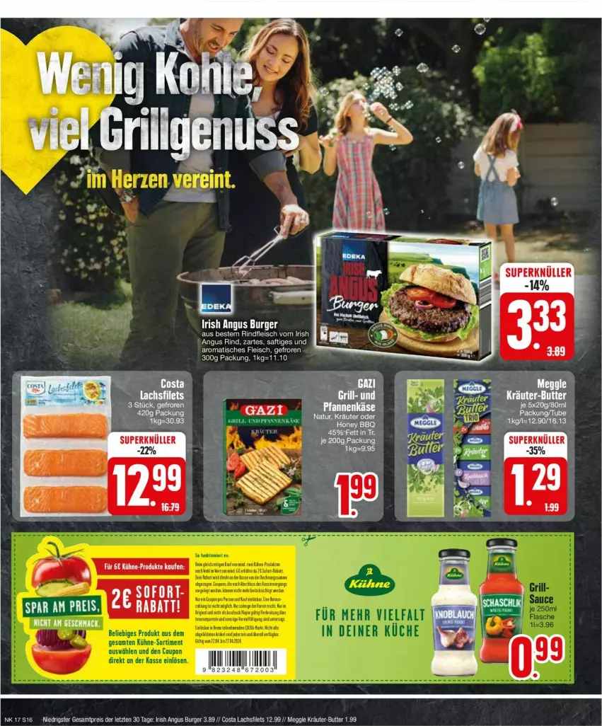 Aktueller Prospekt Edeka - Prospekte - von 22.04 bis 27.04.2024 - strona 16 - produkty: beere, beeren, burger, butter, eis, filet, filets, fleisch, kräuter, kräuter-butter, Kühne, lachs, lachsfilet, lachsfilets, reis, rind, rindfleisch, saft, Ti, tisch, ZTE