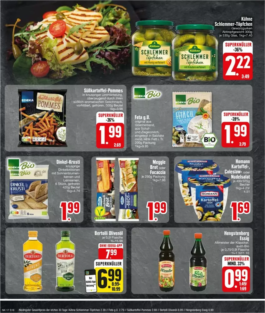 Aktueller Prospekt Edeka - Prospekte - von 22.04 bis 27.04.2024 - strona 18 - produkty: bertolli, beutel, brötchen, dinkelbrötchen, eis, ente, essig, feta, hengstenberg, honig, kartoffel, Kühne, Meister, olive, oliven, olivenöl, pommes, reis, süßkartoffel-, Süßkartoffel-Pommes, Töpfchen, ZTE