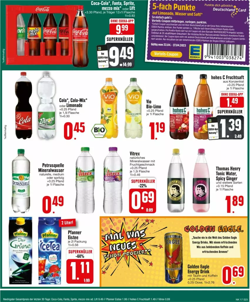 Aktueller Prospekt Edeka - Prospekte - von 22.04 bis 27.04.2024 - strona 23 - produkty: ACC, Alwa, bio, cola, deutschland card, drink, drinks, eis, eistee, elle, energy drink, flasche, frucht, fruchtsaft, gin, ginger, limo, limonade, mac, mineralwasser, mit frucht, natur, natürliches mineralwasser, pfanne, Pfanner, rel, saft, tee, Ti, tonic, tonic water, vitrex, wasser