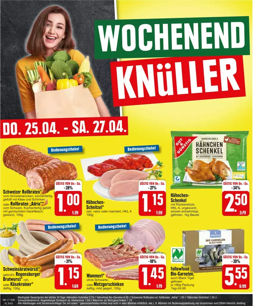 Aktueller Prospekt Edeka - Prospekte - von 22.04 bis 27.04.2024 - strona 26 - produkty: beutel, bio, braten, bratwurst, burger, eis, fleisch, garnelen, gewürz, hackfleisch, henkel, Käse, Käsekrainer, küche, Küchen, lack, merl, natur, regensburger, reis, Ria, rollbraten, saft, schenkel, schinken, schnitzel, schwein, schweine, schweinerücken, Ti, wein, weine, wurst