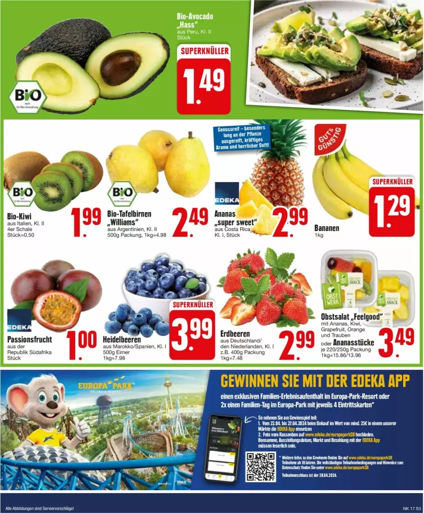 Aktueller Prospekt Edeka - Prospekte - von 22.04 bis 27.04.2024 - strona 3 - produkty: ananas, Ananasstücke, banane, bananen, beere, beeren, bio, deka, eimer, erdbeere, erdbeeren, frucht, grapefruit, heidelbeere, heidelbeeren, kiwi, nuss, orange, passionsfrucht, salat, Schal, Schale, Ti, trauben