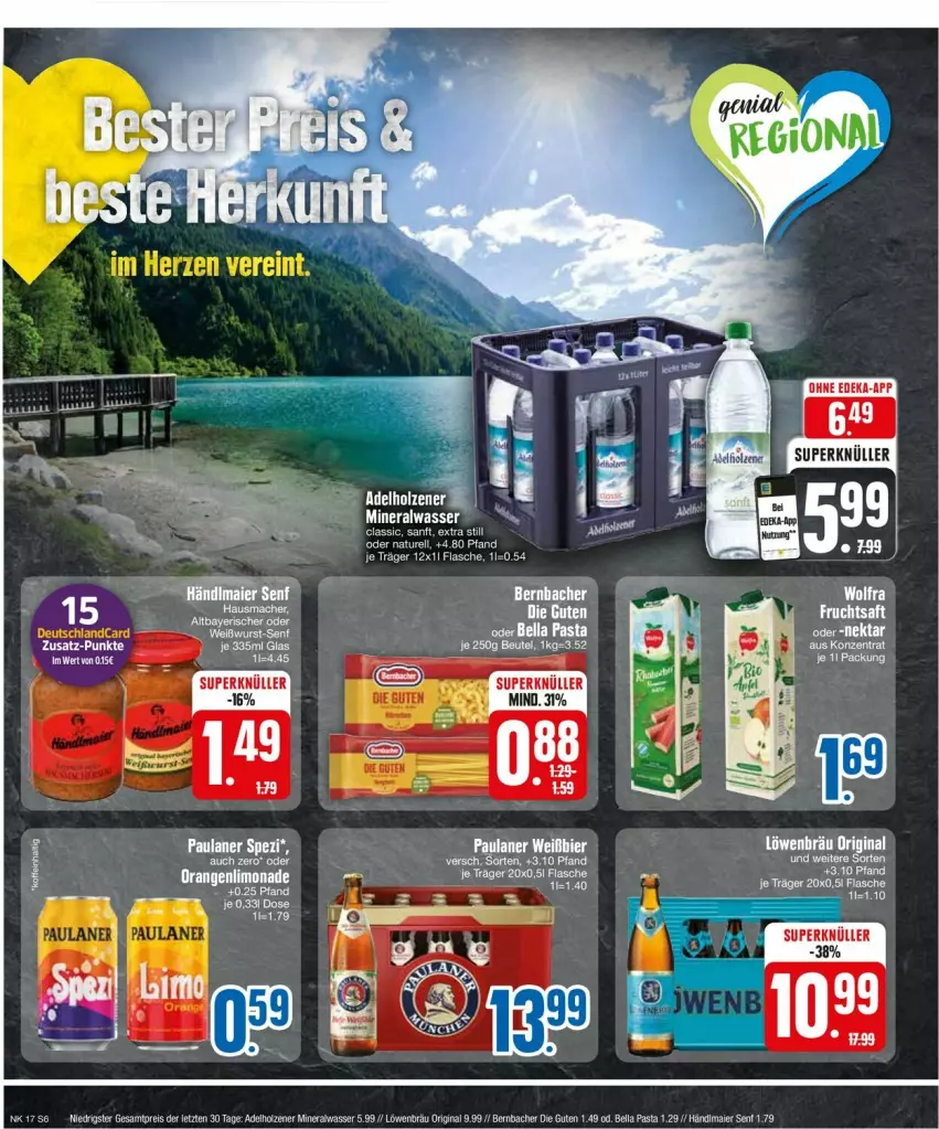 Aktueller Prospekt Edeka - Prospekte - von 22.04 bis 27.04.2024 - strona 6 - produkty: Alwa, bernbacher, beutel, bier, deka, eis, flasche, frucht, fruchtsaft, gin, Holz, mineralwasser, Nektar, pasta, reis, saft, senf, tee, Ti, wasser, ZTE