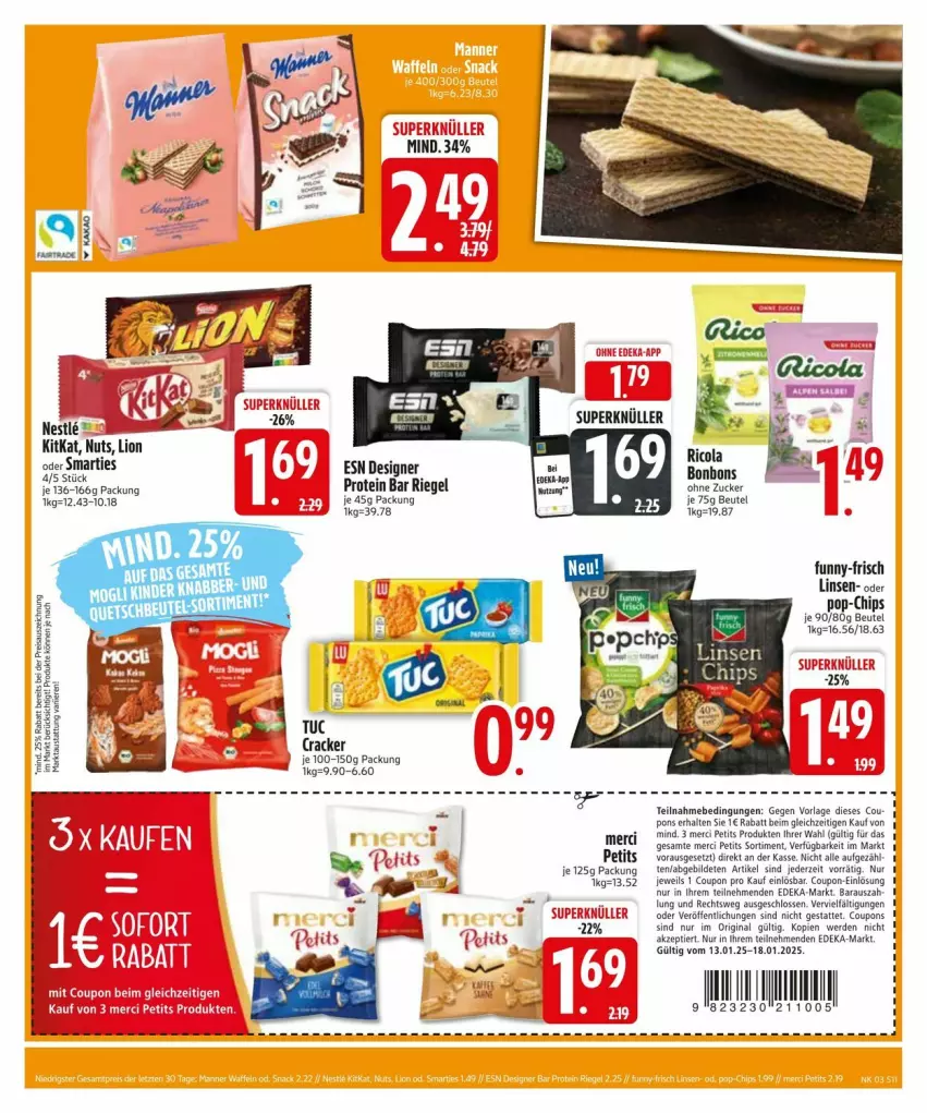 Aktueller Prospekt Edeka - Prospekte - von 13.01 bis 20.01.2025 - strona 13 - produkty: aust, beutel, bonbons, chips, cola, coupon, coupons, cracker, deka, eis, erde, funny-frisch, gin, kitkat, linsen, lion, merci, reis, Ricola, riegel, Ti, tuc, zucker