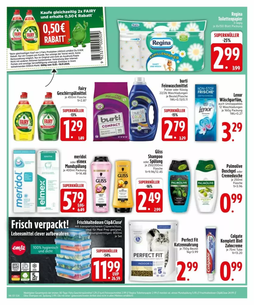 Aktueller Prospekt Edeka - Prospekte - von 13.01 bis 20.01.2025 - strona 26 - produkty: Bau, beutel, burti, creme, cremedusche, deka, dusche, duschgel, elmex, fairy, feinwaschmittel, flasche, geschirr, geschirrspülmittel, gliss, HP, katzennahrung, lenor, meridol, mundspülung, olive, palmolive, Perfect Fit, shampoo, spülmittel, spülung, Ti, waschmittel, zahncreme