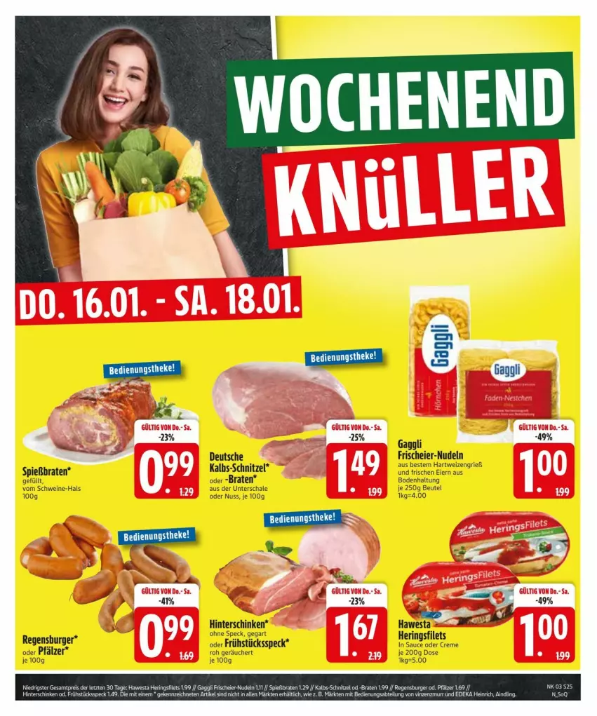 Aktueller Prospekt Edeka - Prospekte - von 13.01 bis 20.01.2025 - strona 27 - produkty: beutel, braten, burger, creme, eier, filet, filets, Frühstücksspeck, gaggli, hartweizen, hawesta, hering, Herings, heringsfilets, hinterschinken, nudel, nudeln, nuss, regensburger, ring, sauce, Schal, Schale, schinken, schnitzel, schwein, schweine, Speck, wein, weine