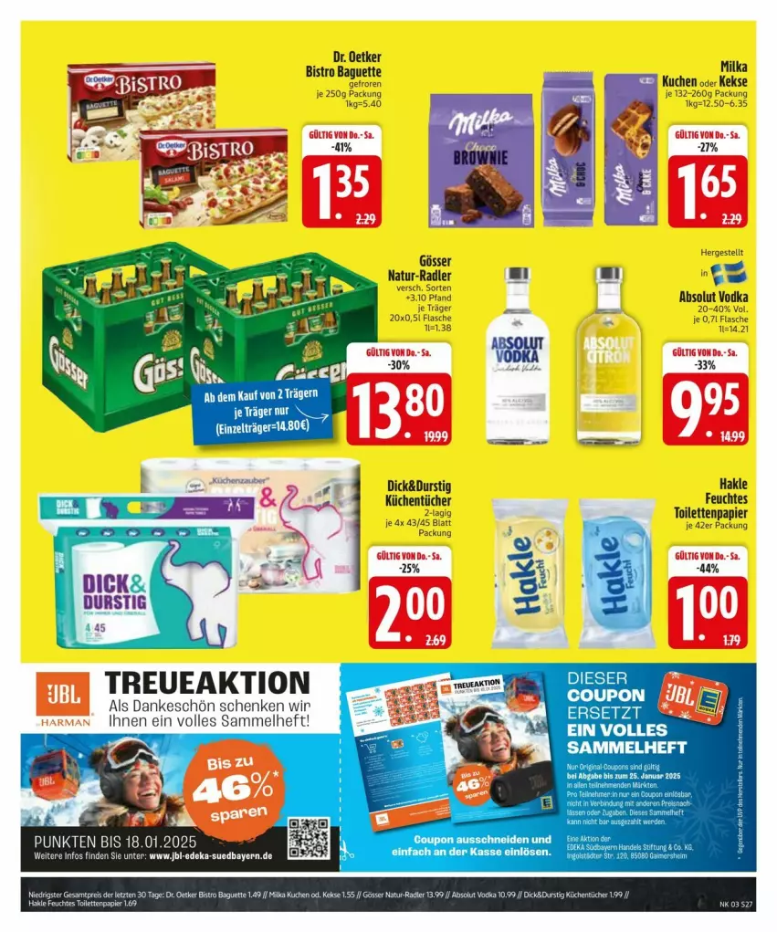 Aktueller Prospekt Edeka - Prospekte - von 13.01 bis 20.01.2025 - strona 29 - produkty: Absolut Vodka, baguette, Bistro Baguette, coupon, Dr. Oetker, feuchtes toilettenpapier, flasche, gösser, hakle, keks, kekse, küche, kuchen, Küchen, küchentücher, milka, natur, papier, radler, Ti, toilettenpapier, tücher, vodka, Zelt