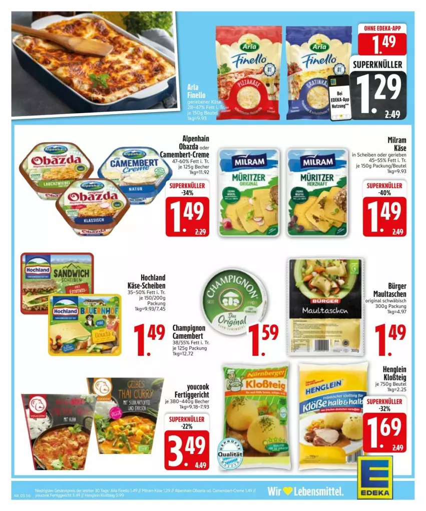 Aktueller Prospekt Edeka - Prospekte - von 13.01 bis 20.01.2025 - strona 8 - produkty: Alpenhain, Becher, beutel, camembert, champignon, creme, fertiggericht, gin, henglein, hochland, Käse, mam, maultaschen, milram, obazda, Tasche, taschen, Ti, Yo, YouCook