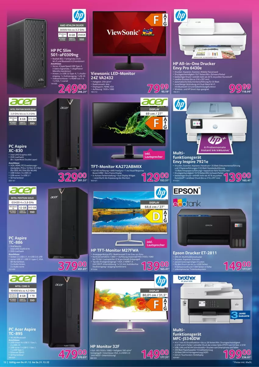 Aktueller Prospekt Selgros - Technik - von 01.12 bis 31.12.2022 - strona 12 - produkty: ACC, acer, aeg, auto, buch, deo, din a4, drucker, dvd, eis, elle, ente, HD Graphics, HDMI, HP, Intel, kopfhörer, latte, lautsprecher, monitor, papier, Pentium, reis, rel, Ria, rwe, Signal, smartphone, spee, spiegel, ssd, tablet, tee, Ti, tisch, touchscreen, uhd, usb