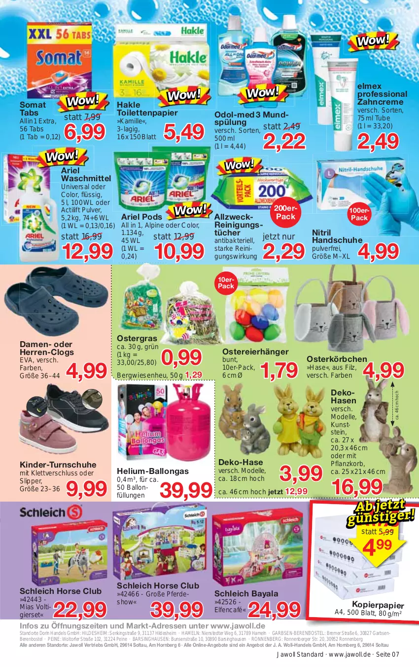 Aktueller Prospekt Jawoll - Prospekte - von 12.03 bis 18.03.2023 - strona 11 - produkty: actilift, angebot, angebote, ariel, ariel waschmittel, ball, Berger, Clogs, creme, dell, eier, elle, elmex, erde, gsw, hakle, hakle toilettenpapier, handschuhe, Heu, Kamill, kamille, Kinder, kopierpapier, korb, Körbchen, Mode, mundspülung, Odol, Odol-med 3, papier, Pods, Reinigung, reinigungstücher, Schleich, schuhe, slip, Slipper, somat, spülung, Ti, toilettenpapier, tücher, waschmittel, weck, zahncreme