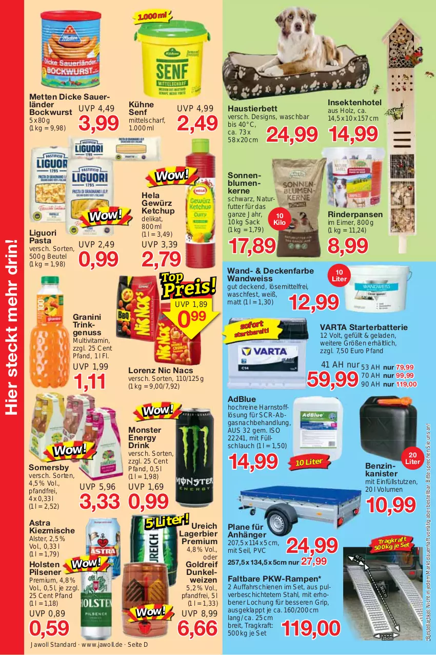 Aktueller Prospekt Jawoll - Prospekte - von 12.03 bis 18.03.2023 - strona 8 - produkty: adblue, Anhänger, Astra, auer, aust, batterie, benzinkanister, bett, beutel, bier, blume, blumen, bockwurst, Brei, decke, Dicke Sauerländer Bockwurst, drink, eimer, eis, energy drink, gewürz, granini, Hela, holsten, holsten pilsener, Holz, ketchup, kraft, Kühne, kühne senf, Lagerbier, lorenz, Mett, metten, monster, Monster Energy, natur, nuss, pasta, pils, pilsener, rind, rinder, sac, schlauch, sekt, senf, somersby, sonnenblume, sonnenblumen, Sonnenblumenkerne, Stier, Ti, varta, vita, wurst