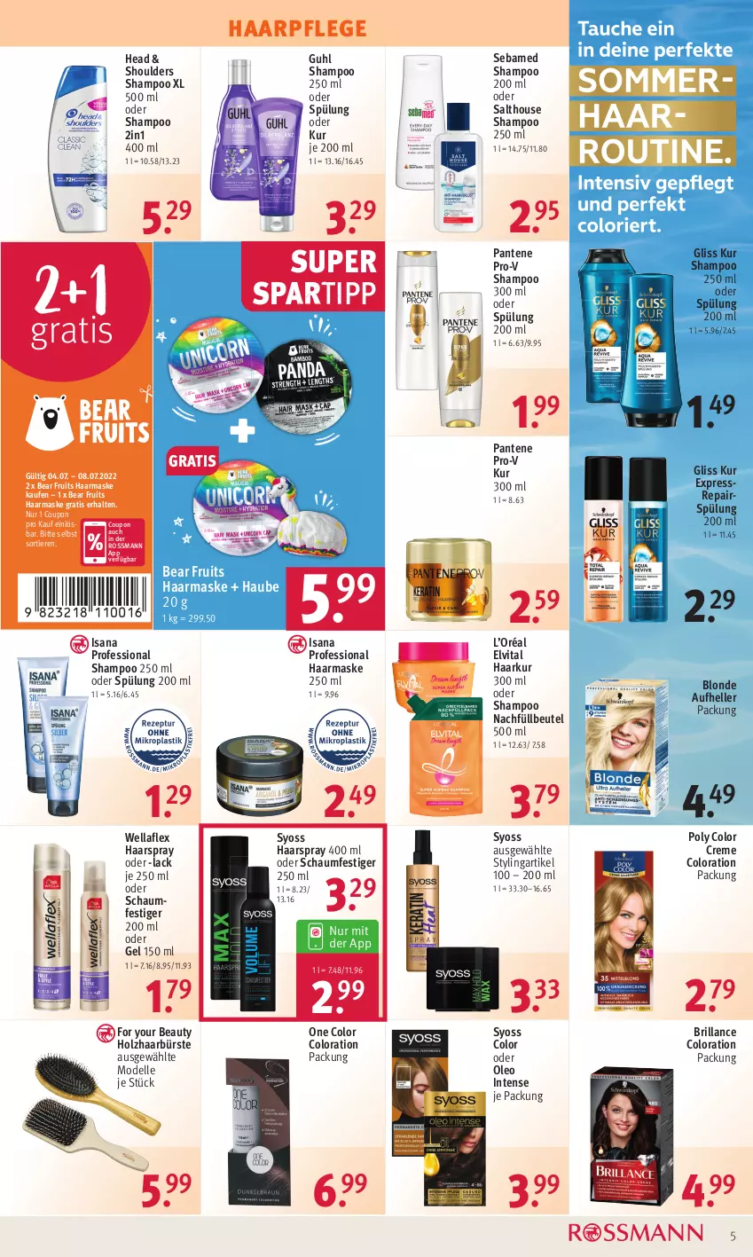 Aktueller Prospekt Rossmann - Prospekte - von 04.07 bis 08.07.2022 - strona 5 - produkty: beutel, brillance, bürste, Color creme, coupon, creme, dell, elle, elvital, For Your Beauty, gliss, gliss kur, Guhl, haarpflege, haarspray, Holz, isana, lack, Maske, Mode, oder schaumfestiger, pantene, pantene pro-v, pro-v, sana, schaumfestiger, sebamed, shampoo, shampoo 250 ml, spartipp, spülung, spülung 200 ml, syoss, Ti, Tiere, vita, Wella, wellaflex, Yo