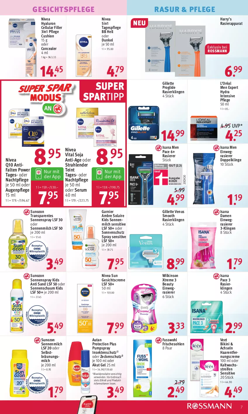 Aktueller Prospekt Rossmann - Prospekte - von 04.07 bis 08.07.2022 - strona 7 - produkty: Ambre Solaire, Augenpflege, Autan, bikini, bio, biozidprodukte, cellular filler, creme, einwegrasierer, ente, Fusswohl, garnier, Gesichtscreme, gesichtspflege, gillette, gillette venus, Haarentfernung, hyaluron, insektenschutz, isana, kaltwachsstreifen, milch, nachtpflege, nivea, nivea sun, Q10, rasierapparat, rasierer, Rasierklinge, rasierklingen, Rauch, reifen, rum, rwe, sana, sekt, Serum, soja, sonnenmilch, sonnenschutz, sonnenspray, spartipp, Tagespflege, Ti, veet, venus, vita, wilkinson