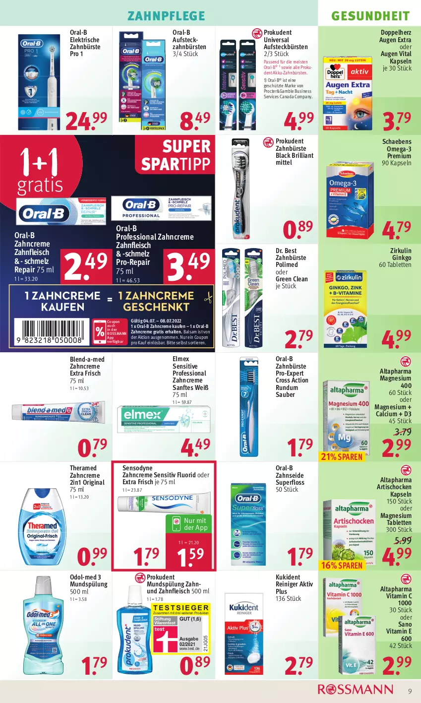 Aktueller Prospekt Rossmann - Prospekte - von 04.07 bis 08.07.2022 - strona 9 - produkty: akku, Altapharma, Artischocken, aufsteckbürsten, balsam, blend-a-med, bürste, bürsten, Calcium, coupon, creme, cross action, doppelherz, Dr. Best, eis, elektrische zahnbürste, elmex, fleisch, Gesundheit, gin, Kukident, lack, magnesium, magnesium 400, mundspülung, Odol, Odol-med 3, omega, Omega-3, oral-b, pro-repair, Prokudent, reiniger, Schaebens, sensodyne, spartipp, spülung, tablet, tablett, Tablette, theramed, Ti, Tiere, tisch, vita, Vitamin C, zahnbürste, zahnbürsten, zahncreme, Zahnseide, ZTE