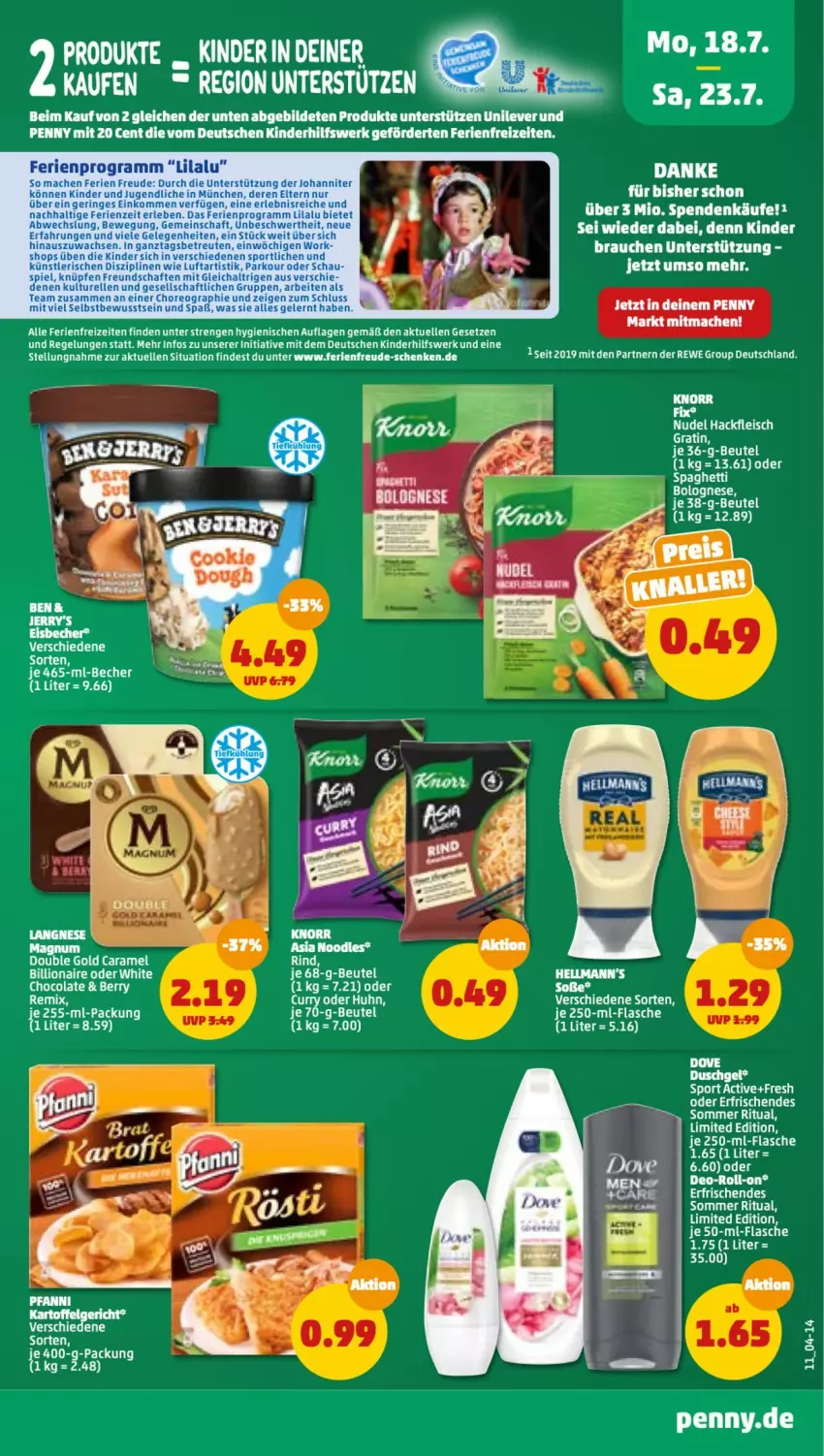 Aktueller Prospekt Penny - Prospekte - von 18.07 bis 23.07.2022 - strona 11 - produkty: Becher, beutel, cola, deo, dove, duschgel, eis, eisbecher, elle, flasche, Kinder, lion, mac, magnum, pfanni, Rauch, roll-on, spaghetti, Sport, Ti