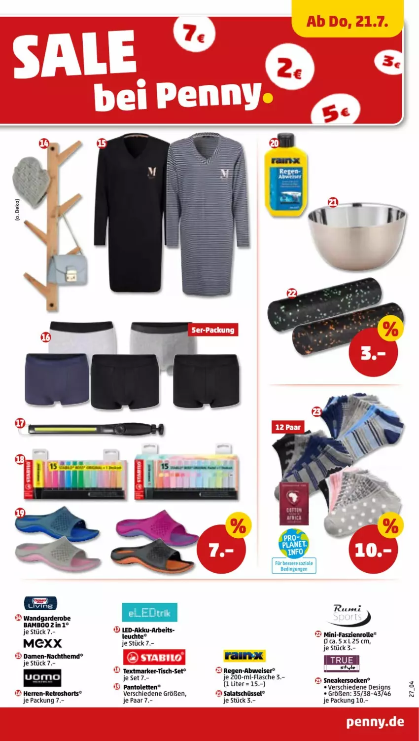 Aktueller Prospekt Penny - Prospekte - von 18.07 bis 23.07.2022 - strona 27 - produkty: akku, bamboo, eis, flasche, Garderobe, hemd, Leuchte, Mexx, Nachthemd, pantolette, pantoletten, retroshorts, salat, schüssel, shorts, sneaker, sneakersocken, socken, textmarker, Ti, tisch