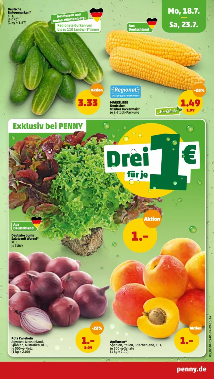 Aktueller Prospekt Penny - Prospekte - von 18.07 bis 23.07.2022 - strona 3 - produkty: aprikose, aprikosen, aust, bunte salate, Elan, gurke, gurken, mais, Rote Zwiebel, salat, salate, Schal, Schale, zucker, zuckermais, zwiebel, zwiebeln