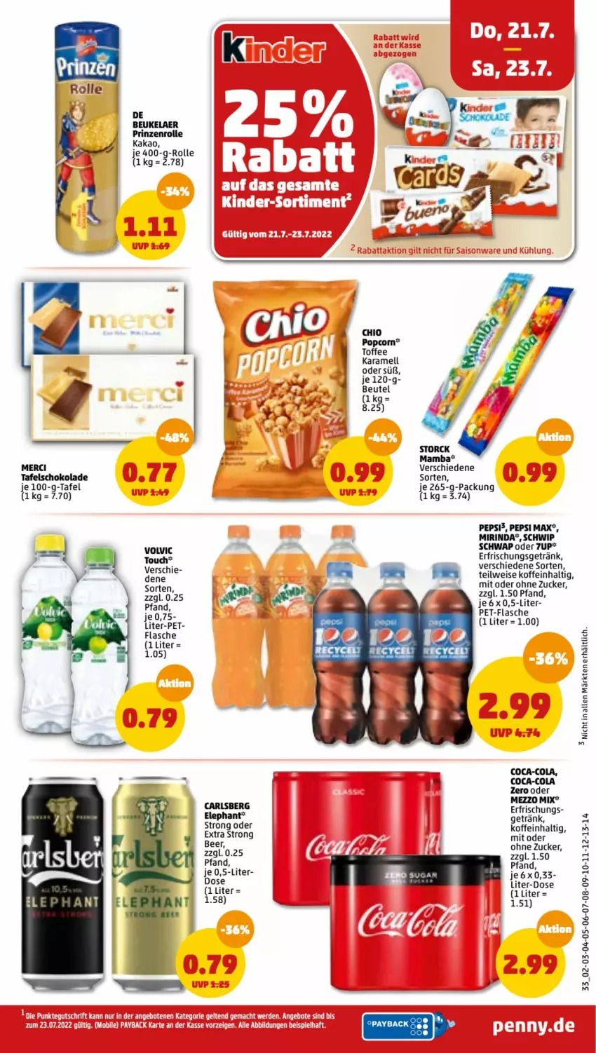 Aktueller Prospekt Penny - Prospekte - von 18.07 bis 23.07.2022 - strona 33 - produkty: 7UP, beutel, carlsberg, coca-cola, cola, de beukelaer, eis, erfrischungsgetränk, flasche, getränk, kakao, karamell, mam, merci, Mezzo Mix, Mirinda, pepsi, pet-flasche, prinzenrolle, rind, schoko, schokolade, Schwip Schwap, storck, tafelschokolade, Ti, volvic, zucker