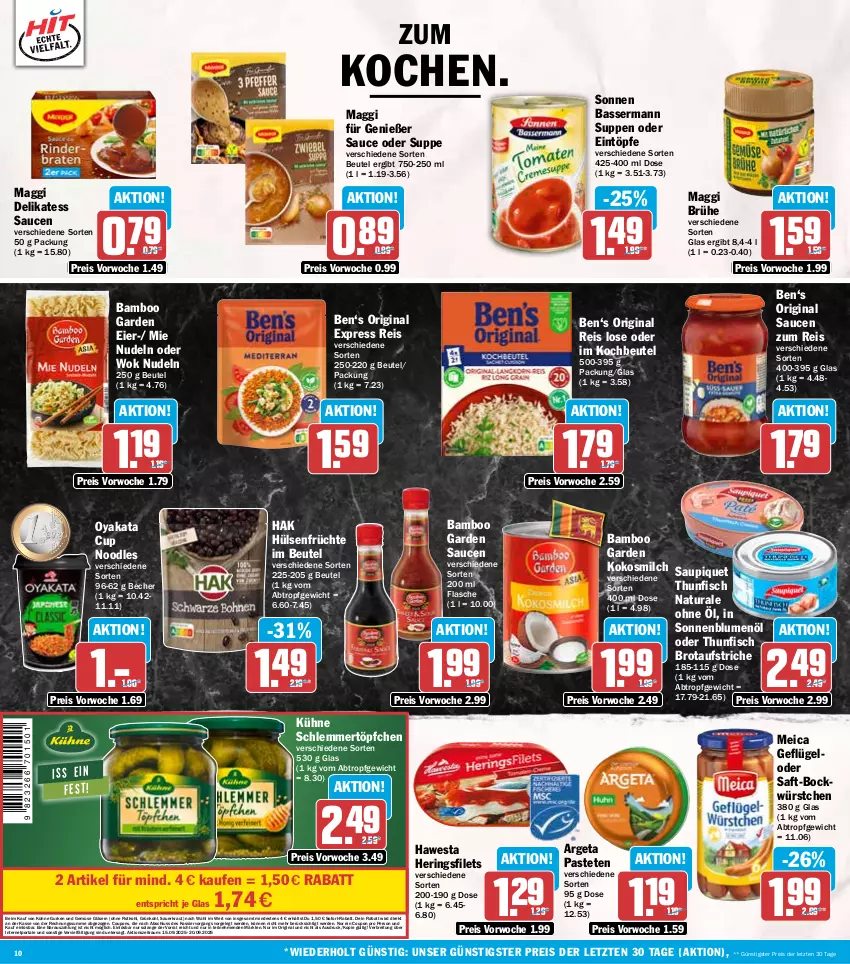 Aktueller Prospekt Hit - Wochenprospekt - von 15.09 bis 20.09.2025 - strona 10 - produkty: auer, aufstrich, bamboo, Becher, beutel, blume, blumen, blumenöl, Brei, brot, brotaufstrich, brotaufstriche, Brühe, coupon, coupons, delikatess sauce, eier, eintöpfe, eis, erde, filet, filets, fisch, flasche, früchte, Geflügel, gin, Gläser, gurke, gurken, hawesta, hering, Herings, heringsfilets, hülsenfrüchte, kochbeutel, kokos, kokosmilch, Kraut, Kühne, maggi, meica, milch, natur, natura, nudel, nudeln, pastete, reis, ring, rotkohl, saft, sauce, saucen, Sauerkraut, saupiquet, schlemmertöpfchen, senf, sofort-rabatt, sonnenblume, sonnenblumen, sonnenblumenöl, suppe, suppen, thunfisch, Ti, Töpfchen, und gemüse, wok, würstchen, ZTE