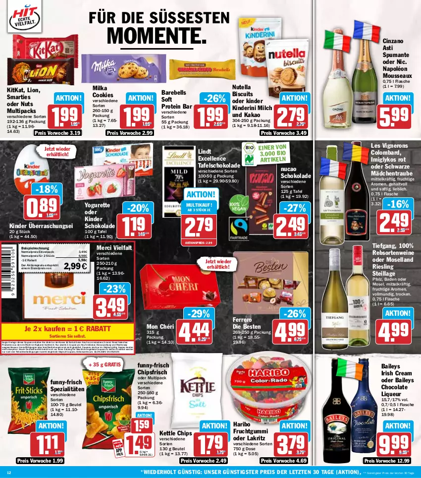 Aktueller Prospekt Hit - Wochenprospekt - von 15.09 bis 20.09.2025 - strona 12 - produkty: aktionspreis, asti, Bad, baileys, beutel, bio, chips, chipsfrisch, cin, cinzano, Cinzano Asti, cola, cookie, cookies, coupon, coupons, eis, elle, ente, erde, ferrero, flasche, frucht, fruchtgummi, funny-frisch, gin, haribo, irish cream, kakao, Kinder, kinder schokolade, kitkat, Lakritz, lindt, lion, liqueur, merci, milch, milka, Mon Chéri, moselland, mousse, nero, nutella, oder lakritz, puma, rebell, rebsortenweine, reis, riesling, saft, schoko, schokolade, smarties, Spezi, spumante, storck, tafelschokolade, Ti, Tiere, wein, weine, Yo, yogurette, ZTE