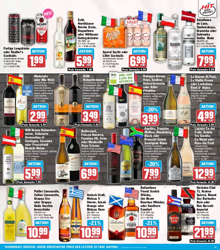 Aktueller Prospekt Hit - Wochenprospekt - von 15.09 bis 20.09.2025 - strona 13 - produkty: ACC, aldi, aperol, asbach uralt, aust, Bad, ball, Bau, bio, bourbon, bourbon whiskey, butter, chia, cocktail, cocktails, doppelkorn, drink, drinks, eis, elle, ente, finesse, flasche, frucht, grappa, jim beam, käfer, korn, kräuter, lack, lillet, limo, Metaxa, monte, orange, ouzo, primitivo, rebsortenweine, reis, rel, resa, Ria, rioja, rum, saft, sauvignon, sauvignon blanc, scotch, scotch whisky, Southern Comfort, Ti, vodka, wein, weine, whiskey, whisky, wilthener, ZTE