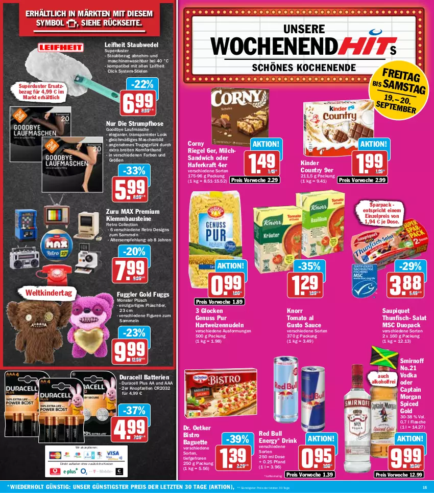 Aktueller Prospekt Hit - Wochenprospekt - von 15.09 bis 20.09.2025 - strona 15 - produkty: alkohol, aust, baguette, batterie, batterien, Bau, Bistro Baguette, Brei, Cap, captain morgan, corny, Dr. Oetker, drink, eis, elle, ente, fisch, flasche, hafer, hartweizen, hose, Kinder, kinder country, knorr, kraft, leifheit, milch, monster, nudel, nudeln, nuss, Plüsch, red bull, reis, riegel, rum, salat, sandwich, sauce, saupiquet, smirnoff, staubwedel, Strumpfhose, thunfisch, Ti, Tiere, tomato al gusto, vodka, wedel, ZTE
