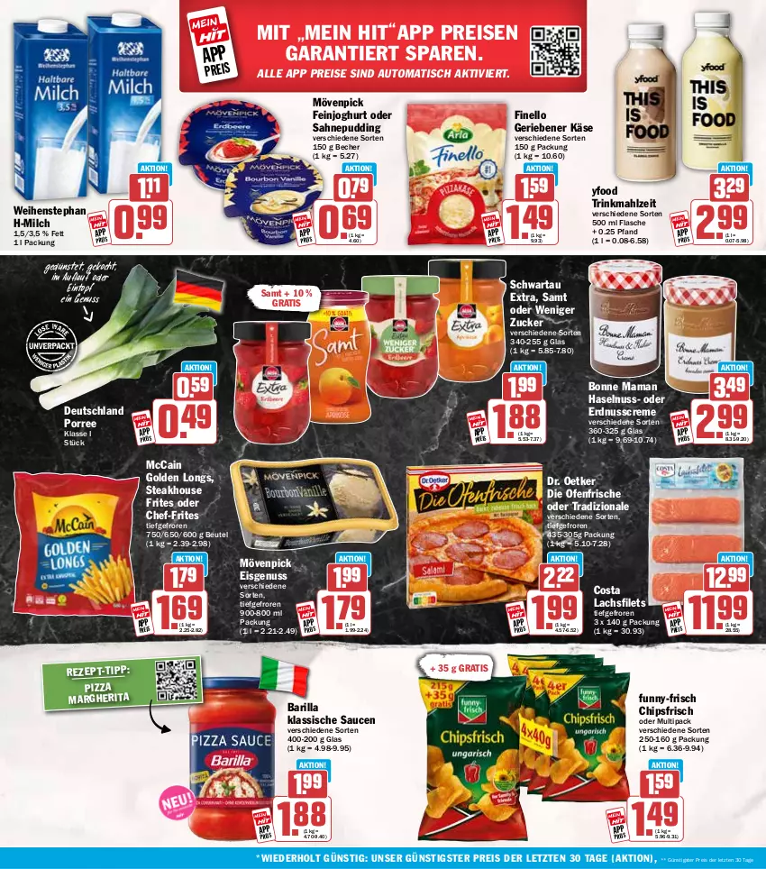Aktueller Prospekt Hit - Wochenprospekt - von 15.09 bis 20.09.2025 - strona 18 - produkty: auto, barilla, Becher, beutel, bonne maman, chips, chipsfrisch, creme, die ofenfrische, Dr. Oetker, eintopf, eis, erdnuss, feinjoghurt, filet, filets, finello, flasche, funny-frisch, Golden Longs, haselnuss, joghur, joghurt, Käse, lachs, lachsfilet, lachsfilets, mam, mccain, milch, mövenpick, mövenpick eis, nuss, Ofen, pizza, pudding, reis, sahne, sauce, saucen, Schwartau, steak, Ti, tisch, topf, tradizionale, weihenstephan, ZTE, zucker