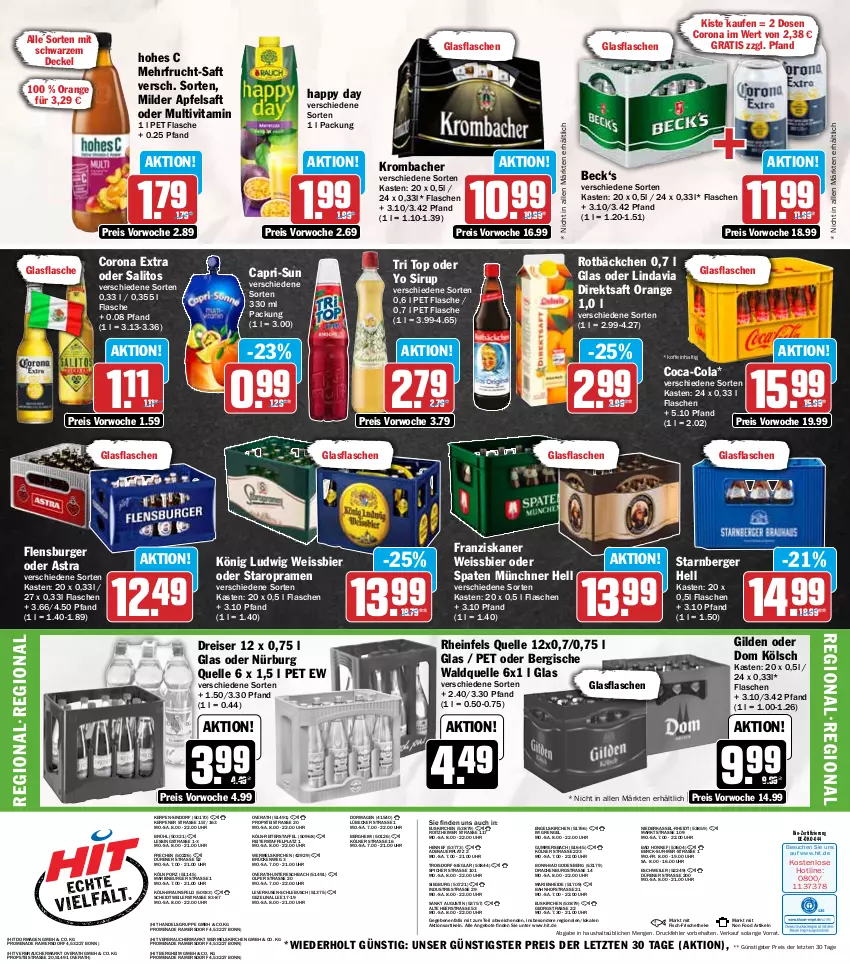 Aktueller Prospekt Hit - Wochenprospekt - von 15.09 bis 20.09.2025 - strona 19 - produkty: angebot, angebote, apfel, apfelsaft, Astra, auer, Bad, Berger, bier, bio, braun, burger, Cap, capri-sun, coca-cola, cola, corona, corona extra, decke, Deckel, direktsaft, eimer, eis, elle, Engel, fisch, flasche, flensburger, franziskaner, frucht, glasflasche, Happy Day, Hohes C, krombache, krombacher, Lübecker, orange, Rauch, reis, rheinfels quelle, saft, sirup, Spaten, Staropramen, Ti, uhr, vita, Waldquelle, weissbier, Yo, ZTE