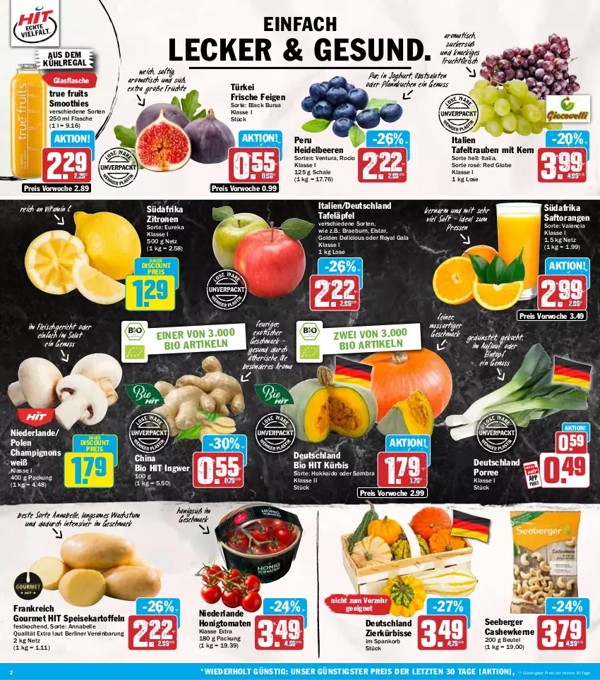 Aktueller Prospekt Hit - Wochenprospekt - von 15.09 bis 20.09.2025 - strona 2 - produkty: auer, aus dem kühlregal, beere, beeren, Berger, berliner, beutel, bio, bio hit, Cashew, cashewkerne, champignon, champignons, discount, eintopf, eis, elle, Feigen, flasche, fleisch, frucht, früchte, fruchtfleisch, glasflasche, heidelbeere, heidelbeeren, honig, Honigtomaten, ingwer, joghur, joghurt, kartoffel, kartoffeln, korb, kuchen, kühlregal, Kürbis, lack, mac, nuss, obst, ombra, orange, orangen, Pfannkuchen, regal, reis, saft, Saftorangen, salat, salate, Schal, Schale, seeberger, smoothie, smoothies, speisekartoffeln, tafeläpfel, tafeltrauben, Ti, tisch, tomate, tomaten, topf, trauben, true fruits, vita, Vitamin C, zitrone, zitronen, ZTE, zucker