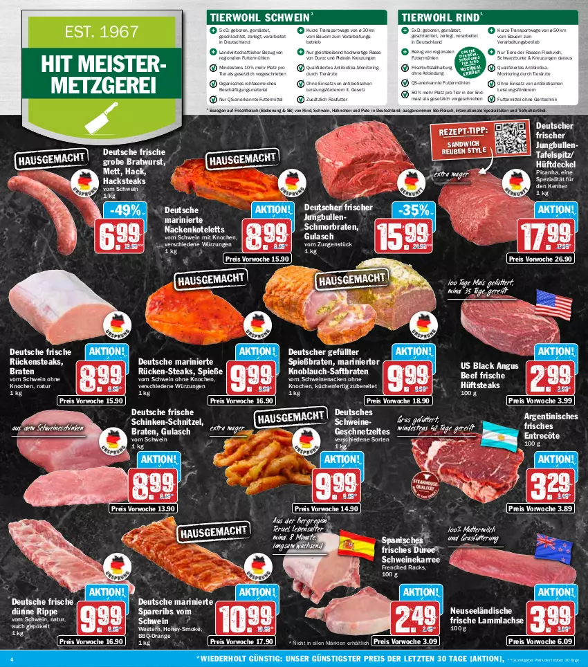 Aktueller Prospekt Hit - Wochenprospekt - von 15.09 bis 20.09.2025 - strona 4 - produkty: auer, Bau, Bauer, beef, bio, braten, bratwurst, decke, Deckel, eis, ente, entrecôte, fleisch, Geflügel, geschnetzeltes, grobe bratwurst, gulasch, hüftsteak, hüftsteaks, jungbullen, knoblauch, kotelett, küche, Küchen, lachs, lack, lamm, lammlachse, mais, Meister, Mett, milch, monitor, nackenkoteletts, natur, orange, pute, reis, Ria, rind, ring, Rückensteak, rückensteaks, saft, sandwich, schinken, schmorbraten, schnitzel, schwein, schweine, schweinenacken, spareribs, Spezi, Sport, steak, steaks, tafelspitz, Ti, Tiere, tisch, vom schweinenacken, wein, weine, Weste, wurst, Zelt, ZTE