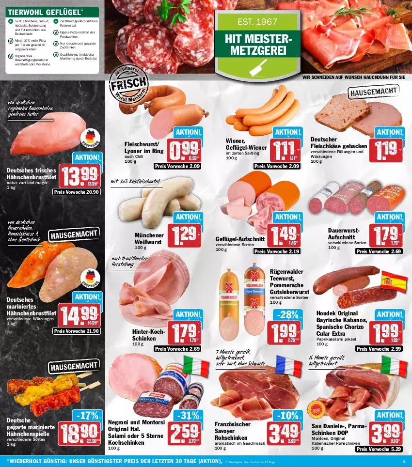 Aktueller Prospekt Hit - Wochenprospekt - von 15.09 bis 20.09.2025 - strona 5 - produkty: auer, aufschnitt, Bau, Bauer, bio, brustfilet, chili, chorizo, eis, elle, ente, filet, fleisch, fleischkäse, fleischwurst, geback, Geflügel, gin, gutsleberwurst, hähnchenbrust, hähnchenbrustfilet, houdek, im zarten saitling, kabanos, Kalbfleisch, Käse, kochschinken, leberwurst, lyoner, mac, Meister, monitor, montorsi, natur, paprika, parmaschinken, Pommersche, reis, Ria, ring, rohschinken, rügenwalder, salami, schinken, tee, teewurst, Ti, Tiere, tisch, Weißwurst, wiener, wurst, Yo, ZTE