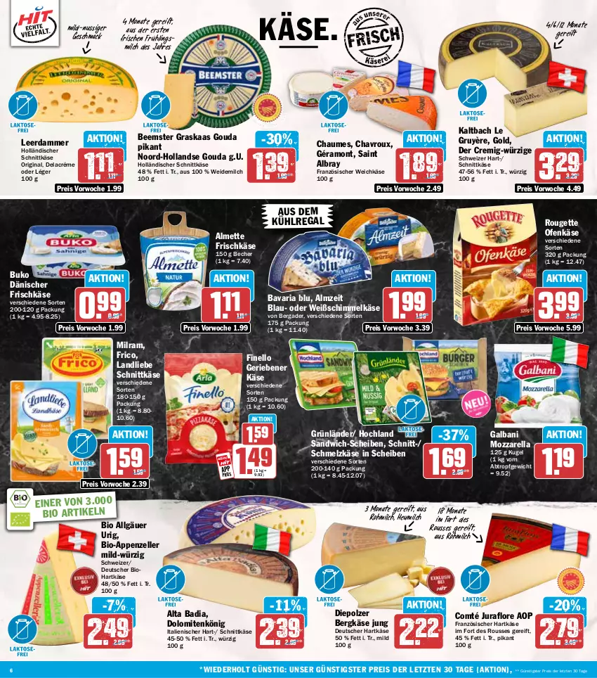 Aktueller Prospekt Hit - Wochenprospekt - von 15.09 bis 20.09.2025 - strona 6 - produkty: albray, almette, appenzeller, aus dem kühlregal, Bad, bavaria blu, Becher, Beemster, bergader, Bergkäse, bio, Buko, chaumes, chavroux, comté, eis, elle, finello, französischer weichkäse, frico, frischkäse, galbani, géramont, gin, gouda, grünländer, hartkäse, Heu, heumilch, hochland, holländischer schnittkäse, Jura, Käse, Kugel, kühlregal, landliebe, leerdammer, LG, mac, Mett, milch, milram, mozzarella, nuss, Ofen, Ofenkäse, regal, reis, rel, Ria, rouge, rougette, saint albray, sandwich, sandwich-scheiben, Schmelzkäse, schnittkäse, Ti, weichkäse, weidemilch, ZTE