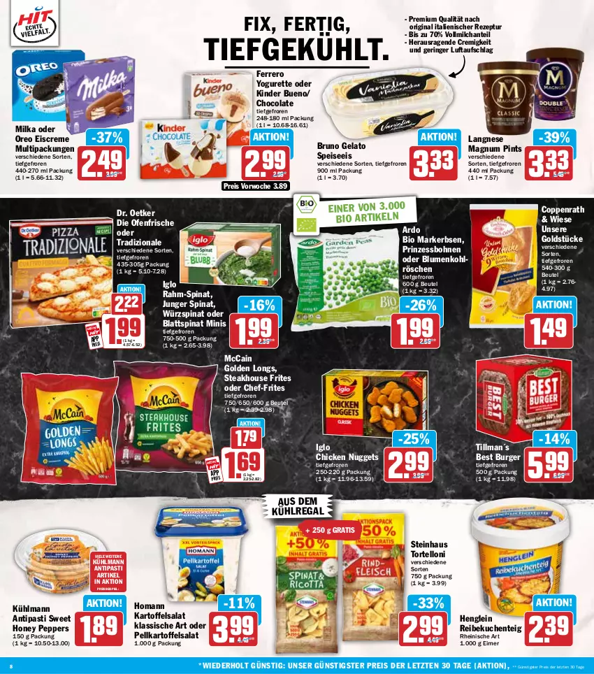 Aktueller Prospekt Hit - Wochenprospekt - von 15.09 bis 20.09.2025 - strona 8 - produkty: antipasti, asti, aus dem kühlregal, beutel, bio, blattspinat, blume, blumen, blumenkohl, bohne, bohnen, bruno gelato, burger, chicken nuggets, cola, coppenrath, creme, die ofenfrische, Dr. Oetker, eimer, eis, eiscreme, ente, erbsen, ferrero, gin, Golden Longs, Goldstücke, henglein, homann, iglo, kartoffel, kartoffelsalat, Kinder, kinder bueno, kuchen, kühlmann, kühlregal, langnese, magnum, mccain, milch, milka, nuggets, Ofen, oreo, prinzessbohnen, rahm-spinat, regal, reis, rezept, ring, salat, spinat, steak, steinhaus, Ti, torte, tortelloni, tradizionale, vollmilch, Yo, yogurette, ZTE