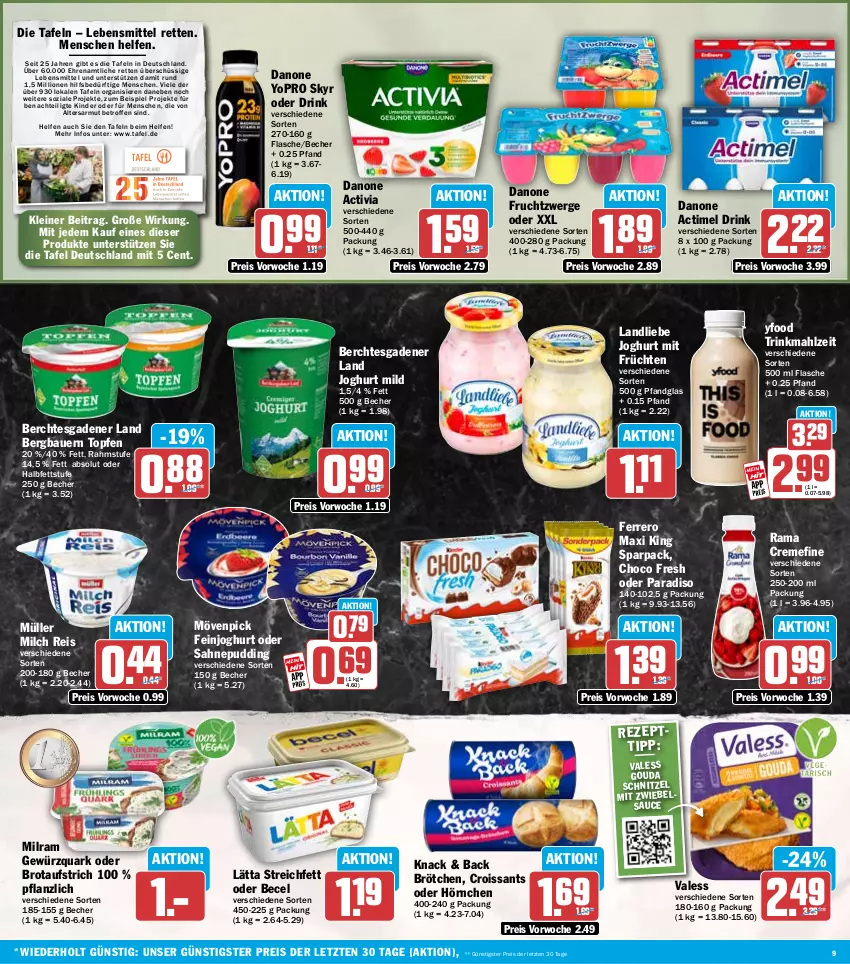 Aktueller Prospekt Hit - Wochenprospekt - von 15.09 bis 20.09.2025 - strona 9 - produkty: actimel, actimel drink, activia, auer, aufstrich, Bau, Bauer, becel, Becher, brot, brotaufstrich, brötchen, choco fresh, creme, Croissant, croissants, danone, danone actimel drink, danone activia, danone fruchtzwerge, drink, eis, feinjoghurt, ferrero, flasche, frucht, früchte, früchten, fruchtzwerge, gewürz, gewürzquark, gouda, hörnchen, joghur, joghurt, joghurt mild, Kinder, landliebe, landliebe joghurt, lätta, lebensmittel, leine, lion, milch, milram, mövenpick, Müller, pudding, quark, rama, rama cremefine, reis, sahne, sauce, schnitzel, Skyr, Ti, topf, Topfen, Yo, ZTE, zwiebel