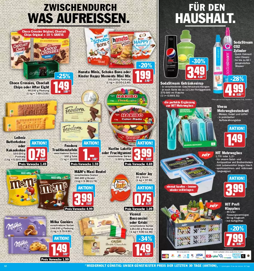 Aktueller Prospekt Hit - Prospekte - von 02.05 bis 06.05.2023 - strona 12 - produkty: after eight, antipasti, asti, aufbewahrungsbox, besteck, besteckset, beutel, butter, butterkeks, chips, choclait chips, choco crossies, cin, cookie, cookies, crossies, eis, elle, flasche, frucht, fruchtgummi, gabel, getränk, getränke, getränkesirup, gin, hanuta, haribo, kakao, keks, kekse, Kinder, Klappbox, kraft, Lakritz, lebensmittel, leibniz, Löffel, mac, messer, mikrowelle, milka, reis, reiss, ring, rwe, salat, schoko, sirup, Soda, sodastream, Sprudel, spülmaschinen, Ti, Tiere, tisch, wasser, ZTE