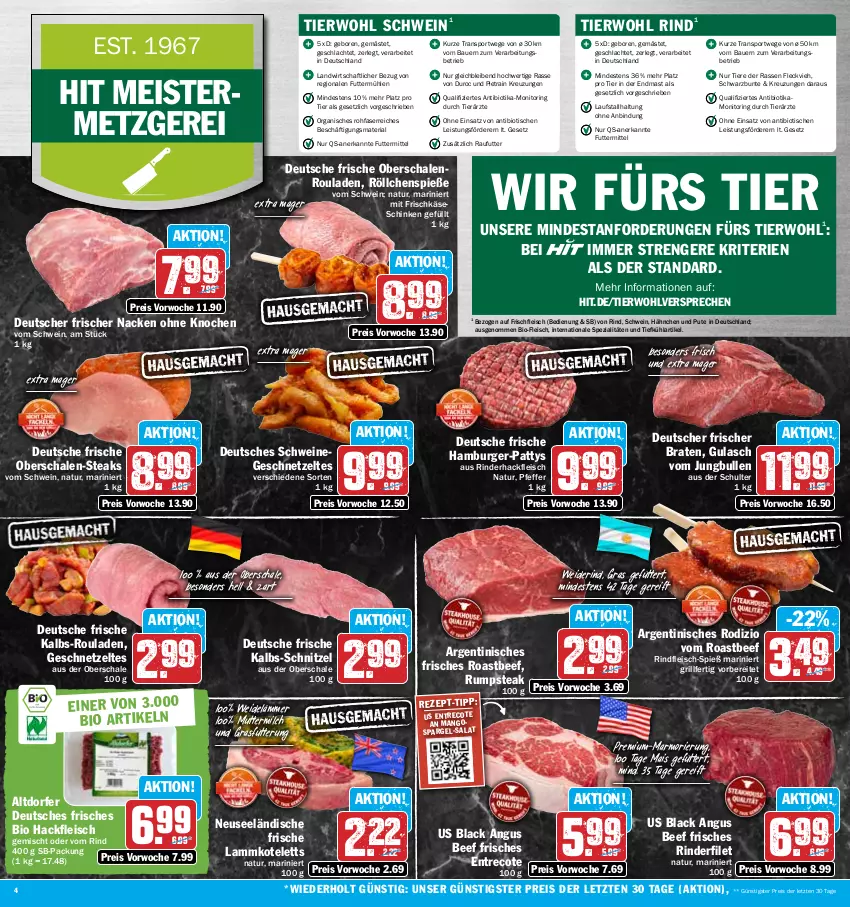 Aktueller Prospekt Hit - Prospekte - von 02.05 bis 06.05.2023 - strona 4 - produkty: auer, Bau, Bauer, beef, bio, braten, burger, eis, filet, fleisch, frischkäse, Geflügel, geschnetzeltes, grill, gulasch, hackfleisch, hackfleisch gemischt, hamburger, jungbullen, Käse, kotelett, lack, lamm, lammkotelett, mais, mango, mangos, Meister, milch, monitor, natur, Oberschalenrouladen, pfeffer, pute, reis, Ria, rind, rinder, rinderfilet, rinderhackfleisch, rindfleisch, ring, roastbeef, rouladen, rum, rumpsteak, salat, Schal, Schale, schinken, schnitzel, schwein, schweine, spargel, Spezi, Sport, steak, steaks, Ti, Tiere, tisch, wein, weine, Zelt, ZTE