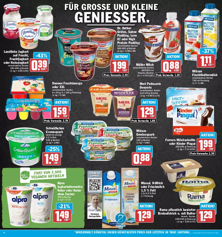 Aktueller Prospekt Hit - Prospekte - von 02.05 bis 06.05.2023 - strona 8 - produkty: alpro, aufstrich, Becher, brot, brotaufstrich, butter, buttermilch, creme, danone, danone fruchtzwerge, dessert, desserts, Dr. Oetker, eis, ferrero, flasche, frucht, fruchtjoghurt, fruchtzwerge, gewürz, gewürzquark, grütze, joghur, joghurt, Kinder, kinder pingui, landliebe, landliebe joghurt, leine, merl, milch, Milchschnitte, milram, Müller, natur, naturjoghurt, pingui, pudding, quark, rama, reis, sahne, Ti, ZTE, zucker