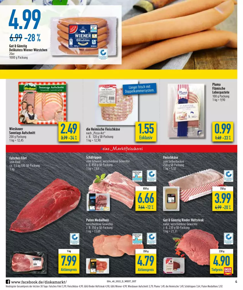 Aktueller Prospekt Diska - Prospekte - von 28.11 bis 03.12.2022 - strona 4 - produkty: aktionspreis, auer, aufschnitt, Bau, Bauer, eis, Falsches Filet, filet, fleisch, fleischkäse, hüftsteak, Käse, medaillons, natur, pastete, pizza, puma, pute, reis, rind, rinder, Rippen, schwein, steak, tee, Ti, tiefpreis, wein, wiener, wiener würstchen, wiesbauer, würstchen, ZTE