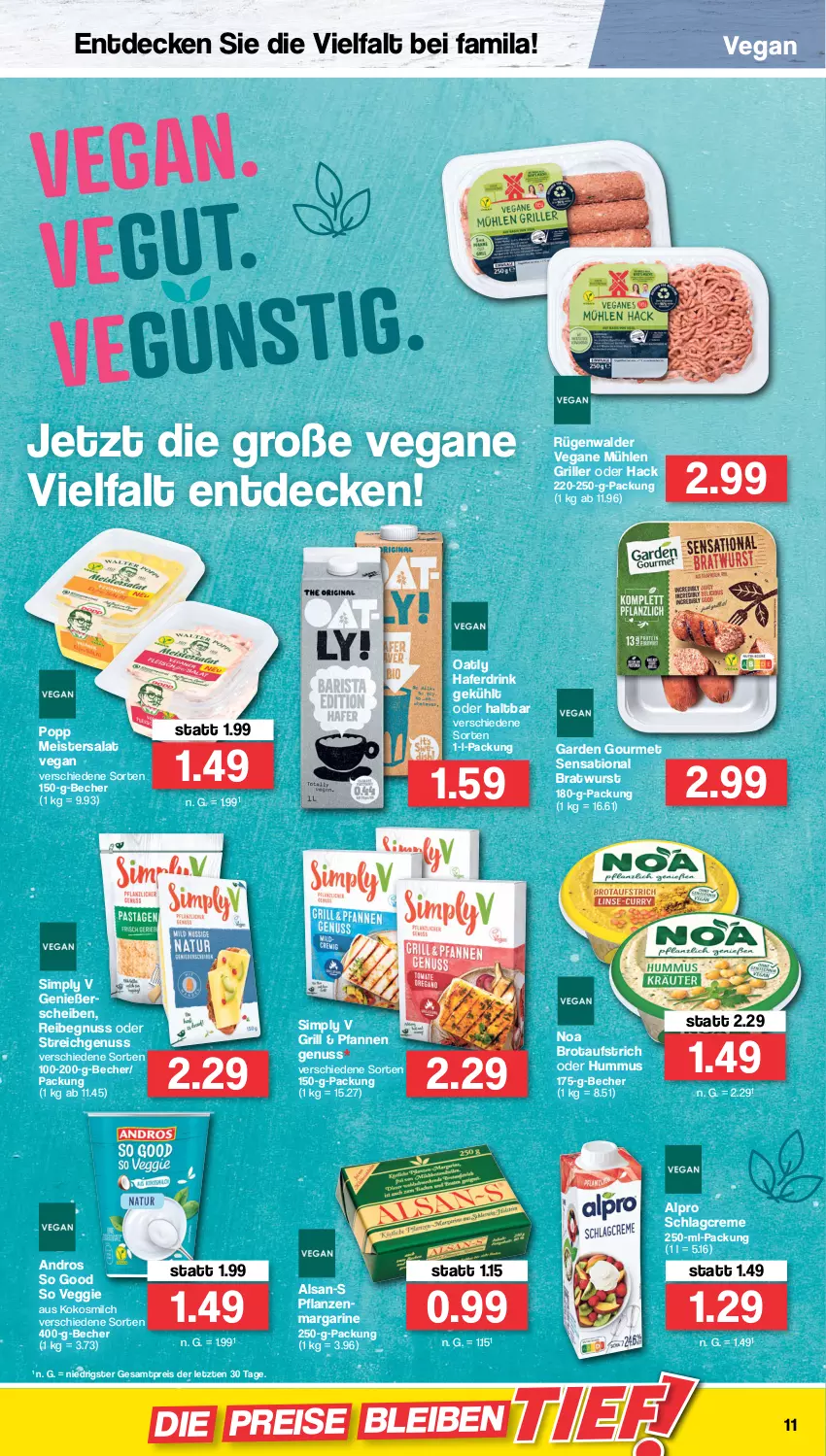 Aktueller Prospekt Famila - Prospekte - von 18.07 bis 23.07.2022 - strona 11 - produkty: alpro, aufstrich, Becher, bratwurst, brot, brotaufstrich, creme, decke, drink, eis, garden gourmet, grill, hafer, Haferdrink, hummus, kokos, kokosmilch, margarine, Meister, milch, nuss, pfanne, pfannen, pflanze, pflanzen, Popp, reis, rügenwalder, salat, sim, Ti, veggie, wurst, ZTE