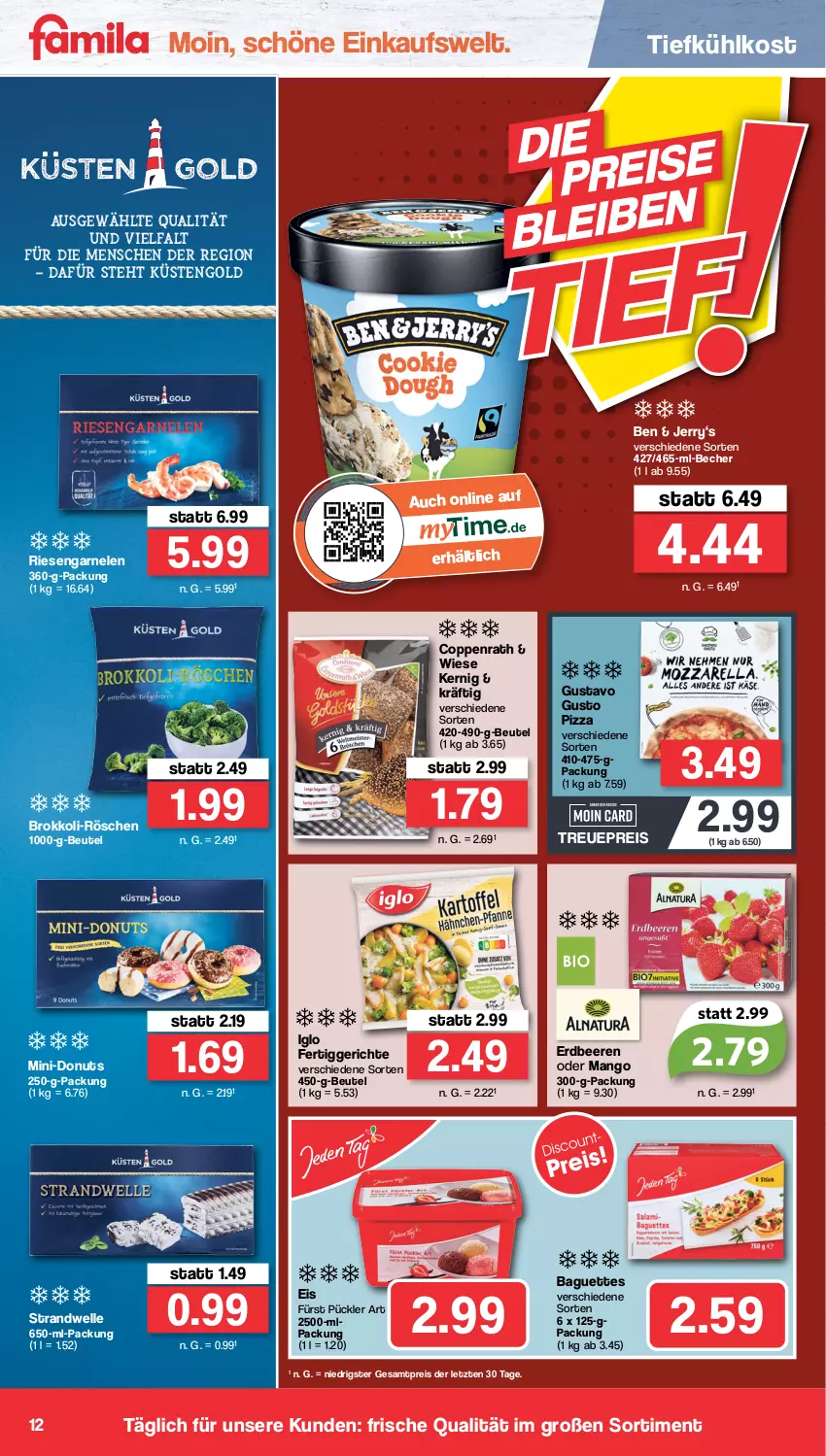 Aktueller Prospekt Famila - Prospekte - von 18.07 bis 23.07.2022 - strona 12 - produkty: baguette, baguettes, Becher, beere, beeren, beutel, brokkoli, coppenrath, Donut, donuts, eis, elle, erdbeere, erdbeeren, fertiggericht, fertiggerichte, garnelen, iglo, küstengold, mango, pizza, reis, riesengarnelen, Ti, tiefkühlkost, ZTE