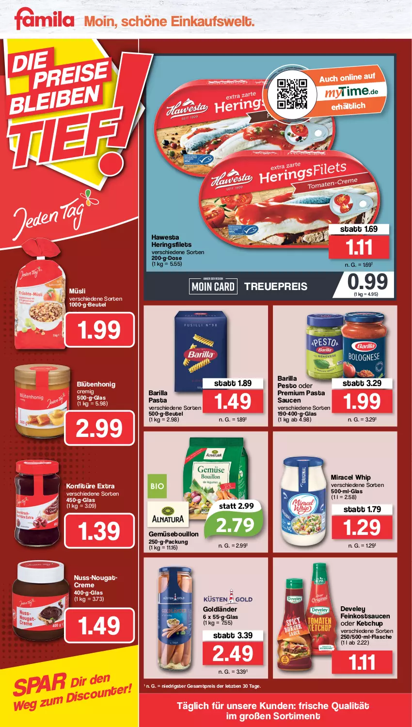 Aktueller Prospekt Famila - Prospekte - von 18.07 bis 23.07.2022 - strona 14 - produkty: barilla, beutel, Blüte, blütenhonig, creme, develey, discount, eis, feinkost, filet, filets, flasche, hawesta, hering, Herings, heringsfilets, honig, ketchup, konfitüre, konfitüre extra, miracel, miracel whip, müsli, Nougatcreme, nuss, pasta, Pasta Sauce, pesto, reis, ring, sauce, saucen, Ti, ZTE