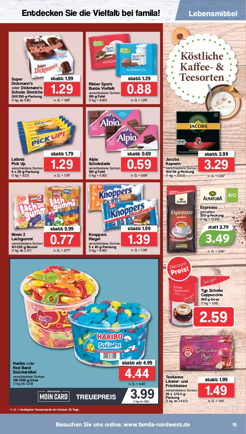 Aktueller Prospekt Famila - Prospekte - von 18.07 bis 23.07.2022 - strona 15 - produkty: alpia, beutel, Cap, cappuccino, cin, decke, eis, espresso, früchte, Früchtetee, haribo, jacobs, kaffee, knoppers, lachgummi, lebensmittel, leibniz, Nimm 2, reis, riegel, ritter, ritter sport, schoko, schokolade, Sport, tee, teekanne, Ti, ZTE