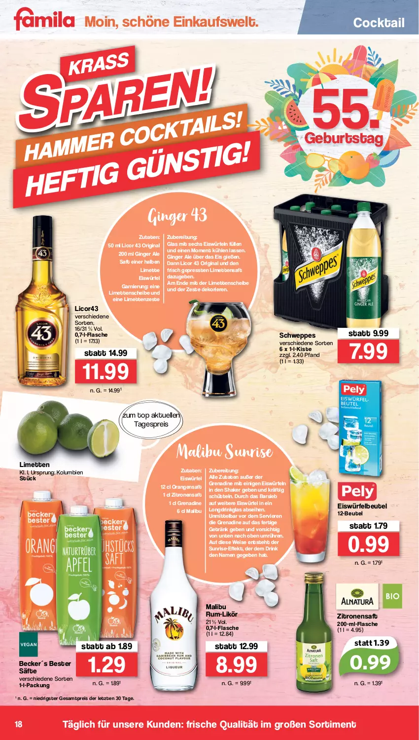 Aktueller Prospekt Famila - Prospekte - von 18.07 bis 23.07.2022 - strona 18 - produkty: beutel, cocktail, drink, eis, eiswürfel, elle, flasche, garnier, getränk, gin, ginger, ginger ale, licor, licor 43, likör, limette, limetten, Malibu, Mett, metten, orange, orangen, orangensaft, reis, rum, saft, säfte, schweppes, shake, Ti, würfel, zitrone, zitronen, zitronensaft, ZTE